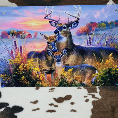 Sunset Deer Family Western Metal Sign