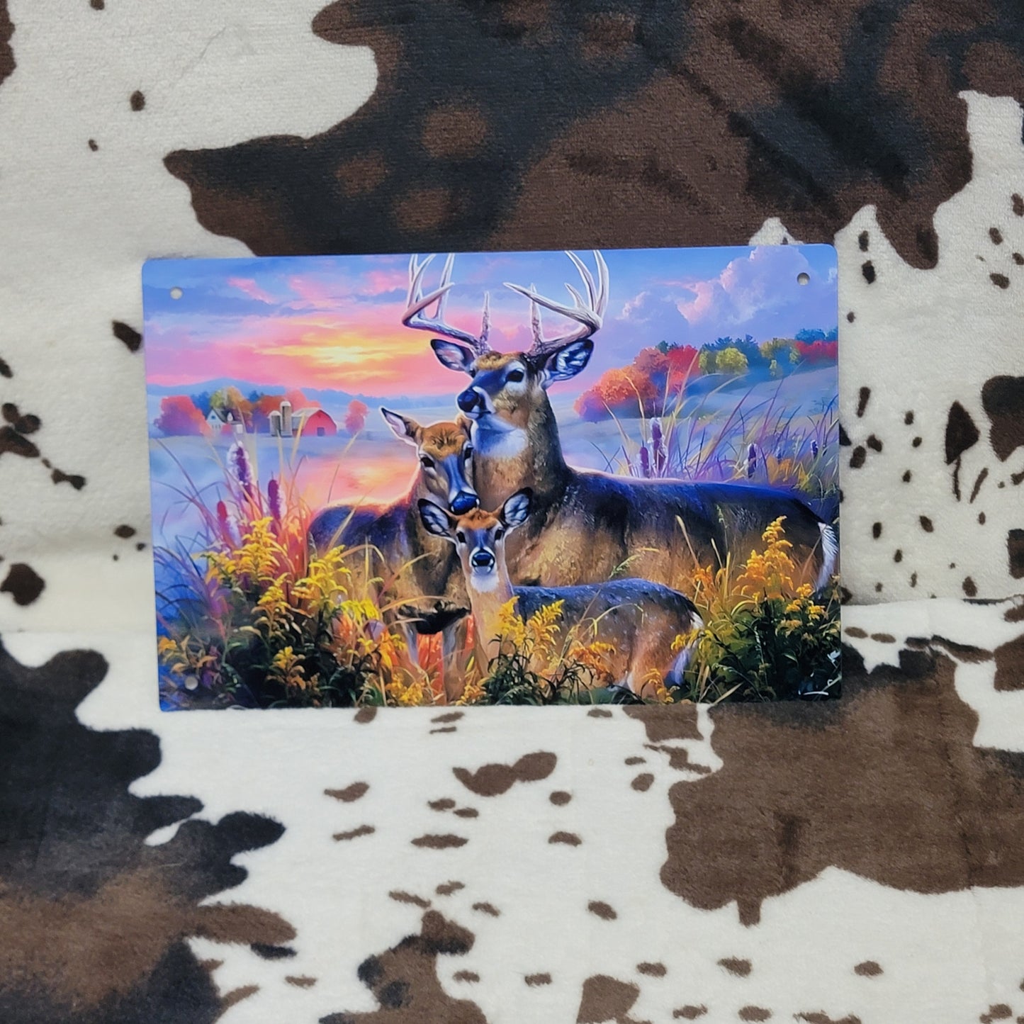 Sunset Deer Family Western Metal Sign
