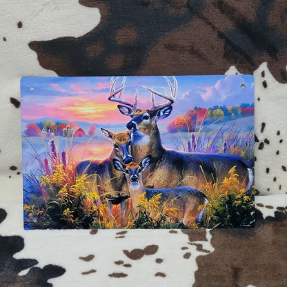 Sunset Deer Family Western Metal Sign