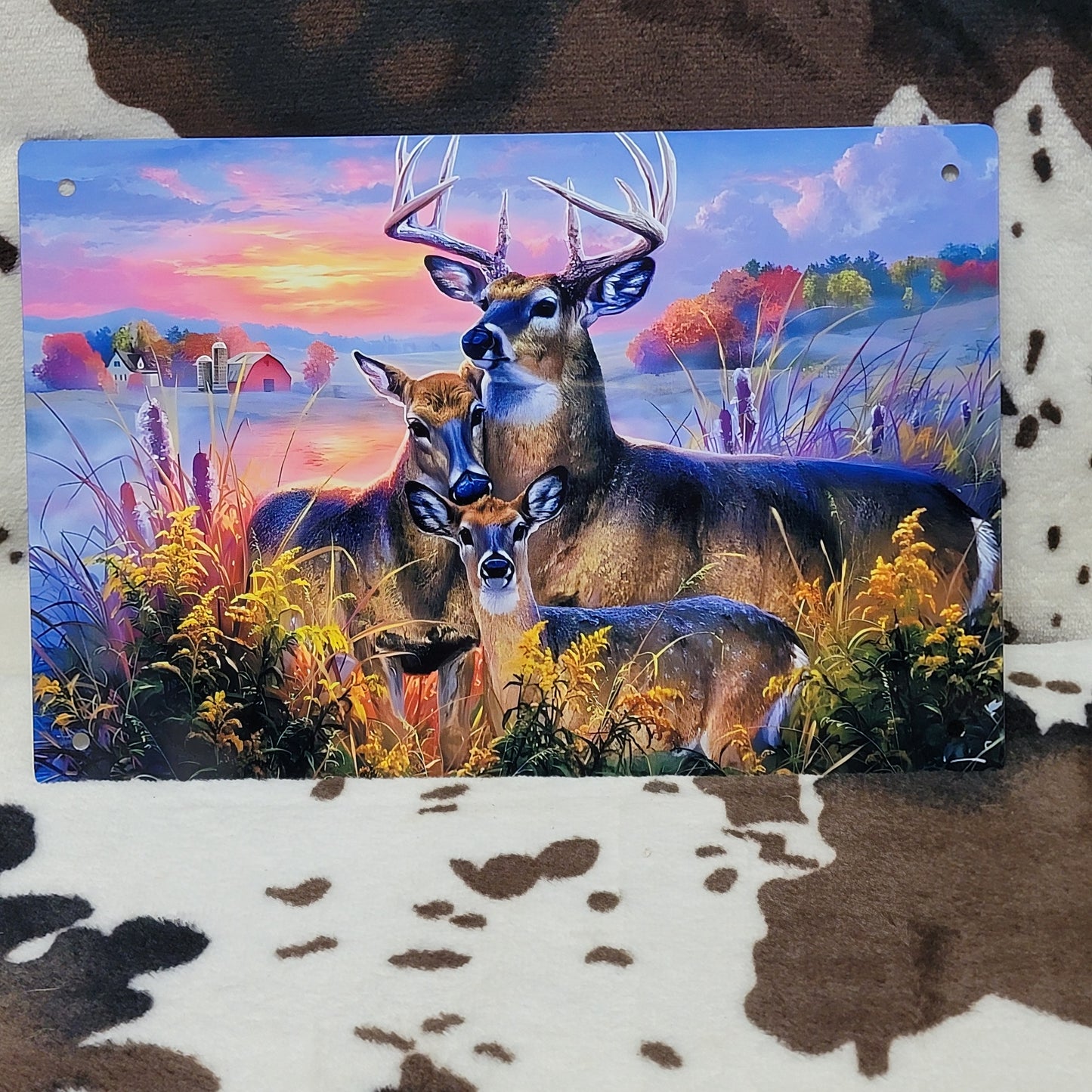 Sunset Deer Family Western Metal Sign