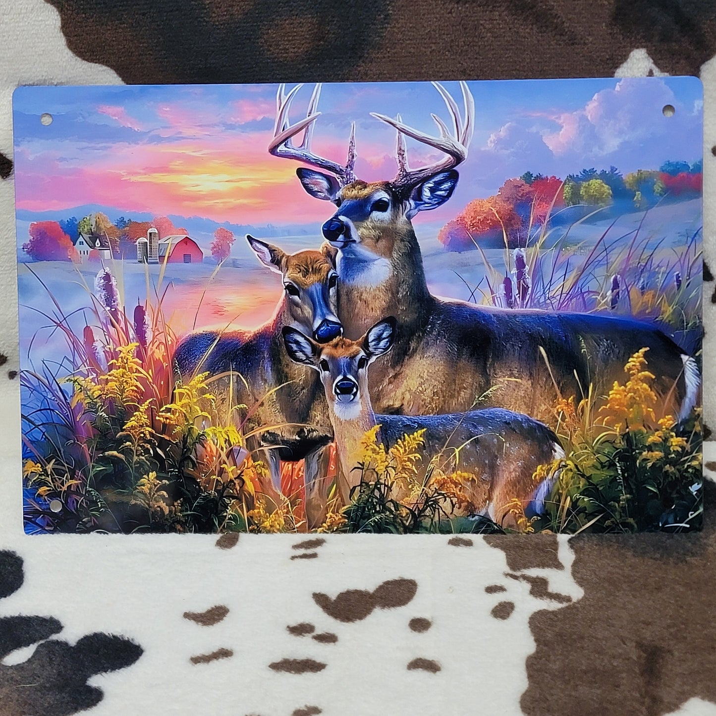Sunset Deer Family Western Metal Sign