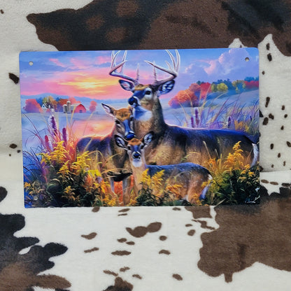 Sunset Deer Family Western Metal Sign