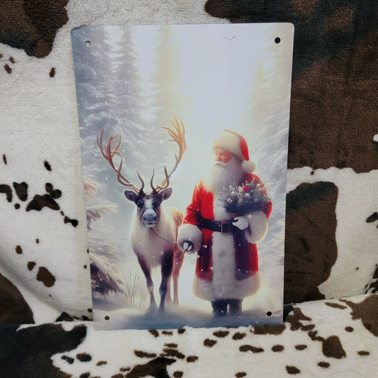 Santa and Reindeer Christmas Metal Sign