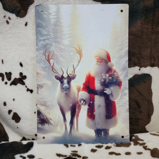 Santa and Reindeer Christmas Metal Sign