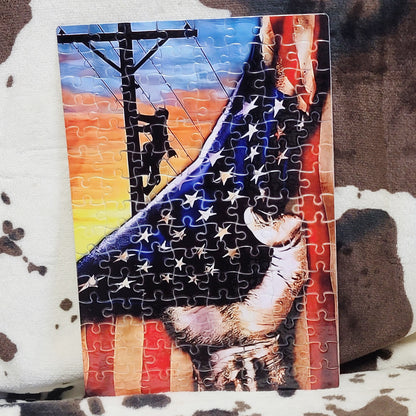 Jigsaw puzzle with a completed design of an American flag and a lineman on a textured surface