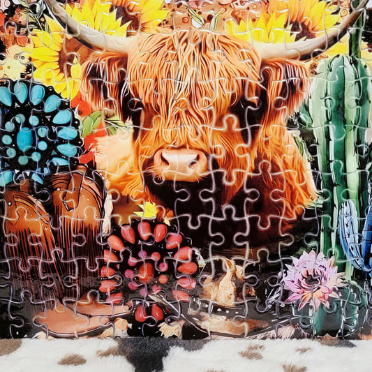 Highland Cow Western 120 PC Handmade Jigsaw Puzzle