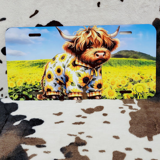 Highland Cow Sunflower Car Tag License Plate
