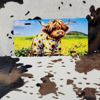 Highland Cow Sunflower Car Tag License Plate