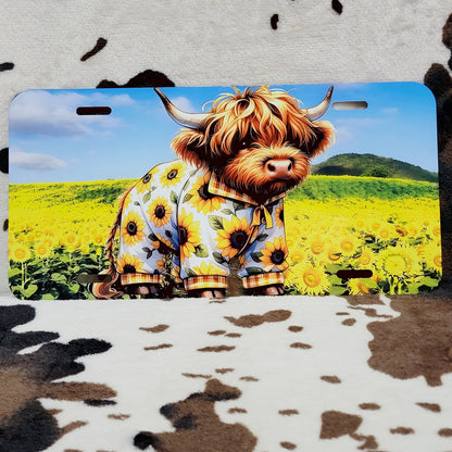 Highland Cow Sunflower Car Tag License Plate