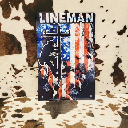 Lineman American Flag Metal Sign