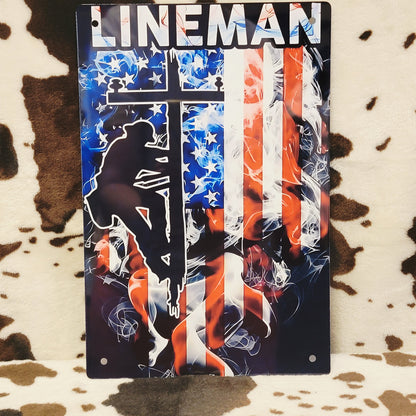 Lineman American Flag Metal Sign