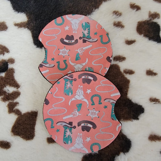 Western Pink Neoprene Car Coasters