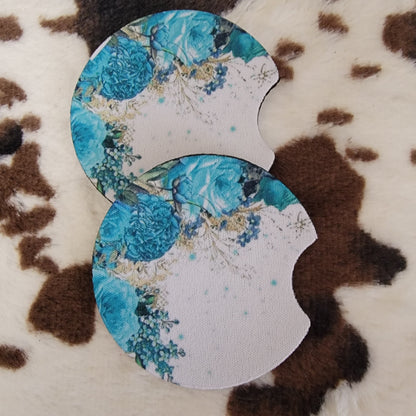 Teal Flowers Neoprene Car Coasters