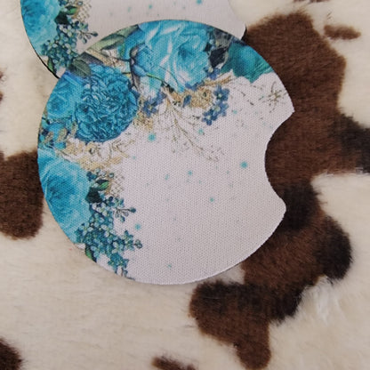 Teal Flowers Neoprene Car Coasters