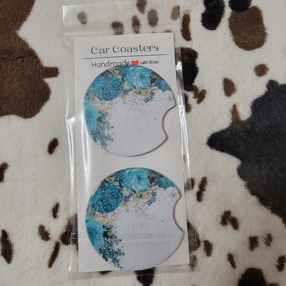 Teal Flowers Neoprene Car Coasters