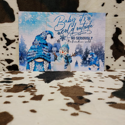 Gnomes Baby Its Cold Winter 120 Piece Handmade Jigsaw Puzzle