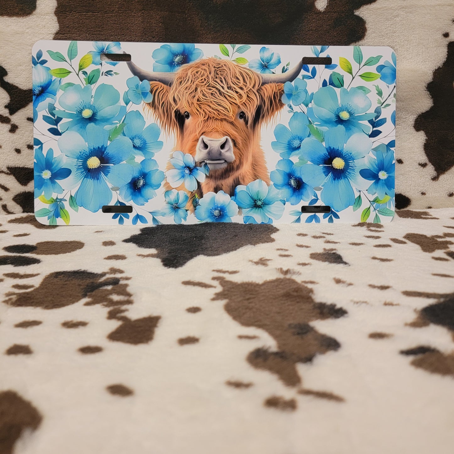 Highland Cow Blue Floral Car Tag License Plate
