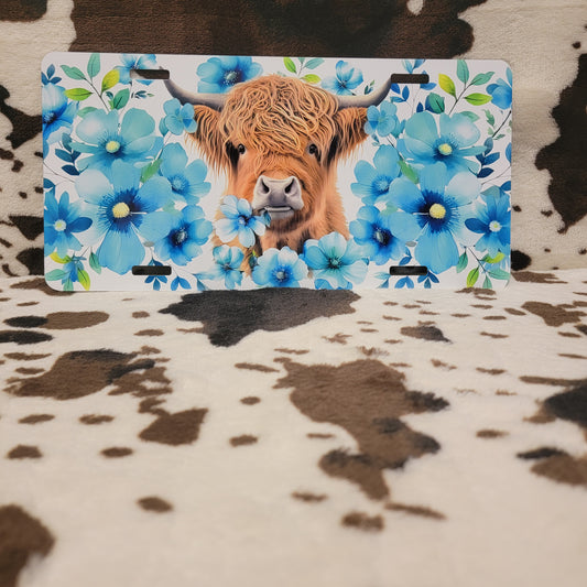 Highland Cow Blue Floral Car Tag License Plate