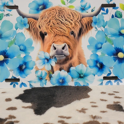 Highland Cow Blue Floral Car Tag License Plate