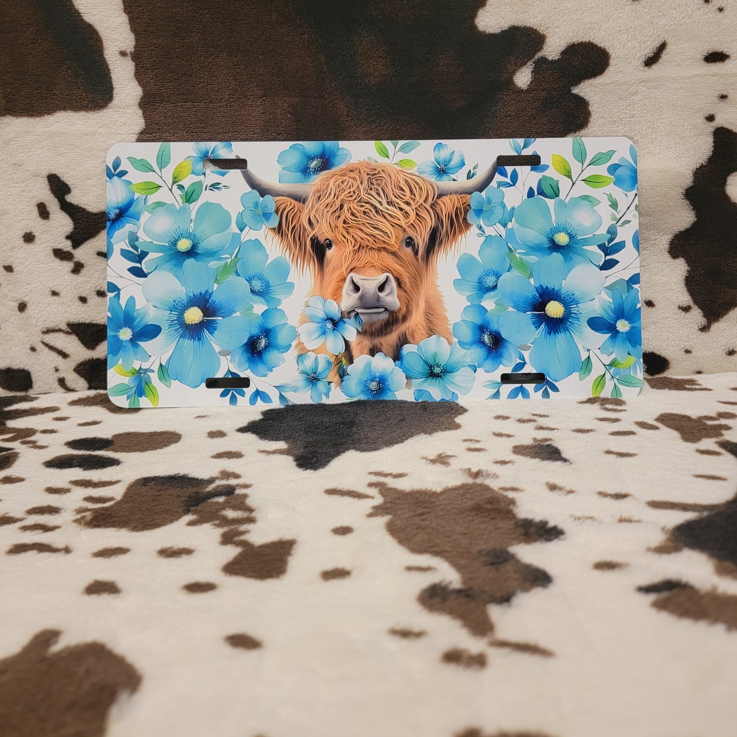 Highland Cow Blue Floral Car Tag License Plate