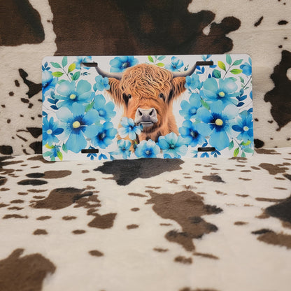 Highland Cow Blue Floral Car Tag License Plate
