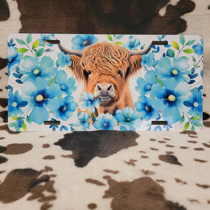 Highland Cow Blue Floral Car Tag License Plate