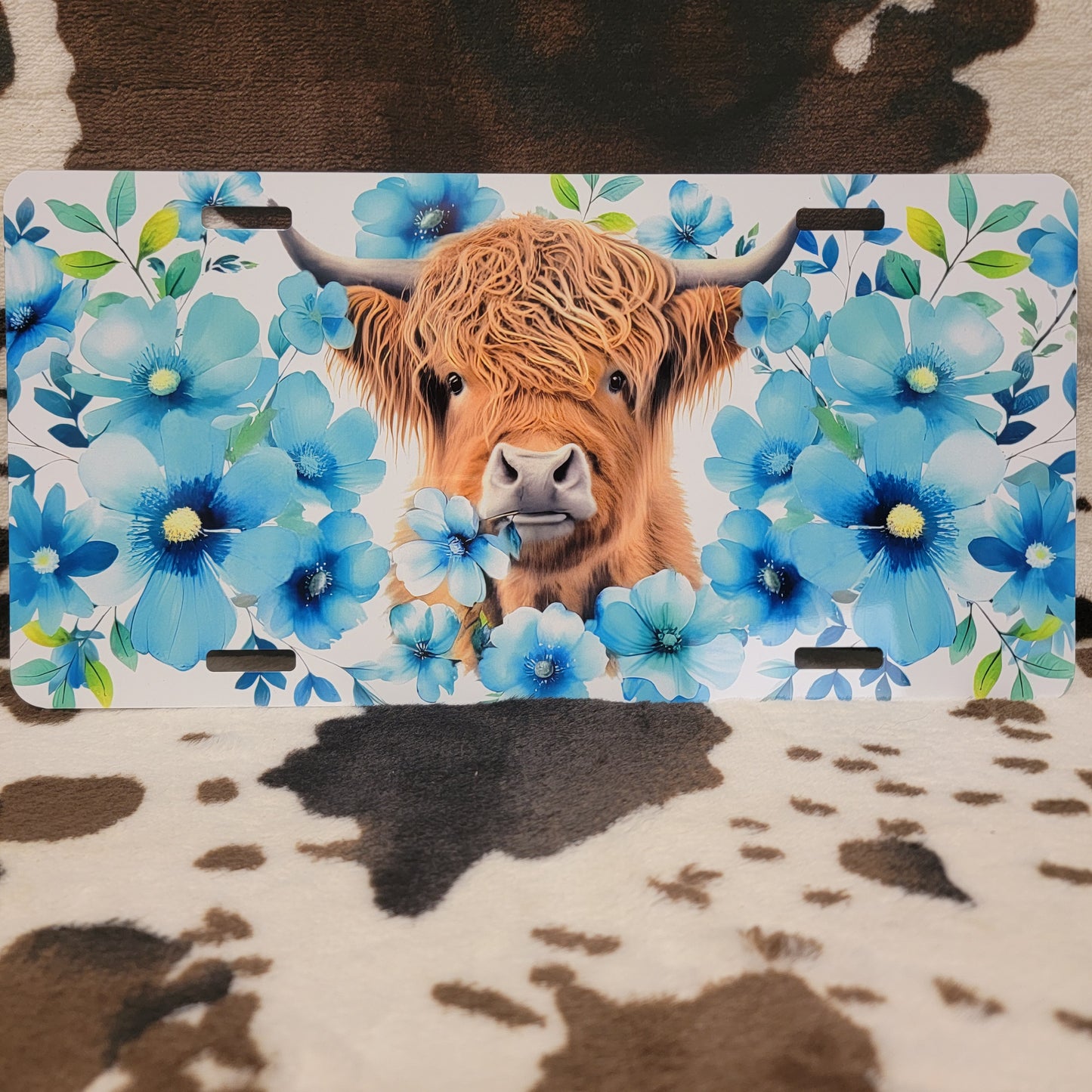 Highland Cow Blue Floral Car Tag License Plate