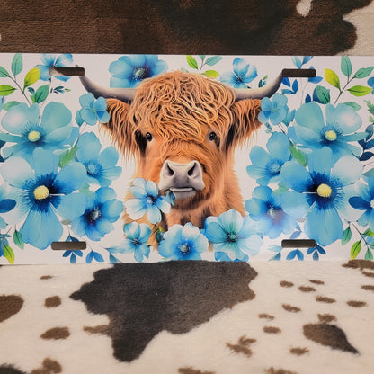 Highland Cow Blue Floral Car Tag License Plate