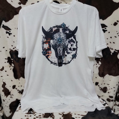 Bull Skull Cow Print Western Graphic T-Shirt