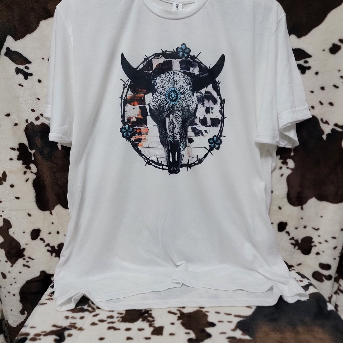 Bull Skull Cow Print Western Graphic T-Shirt