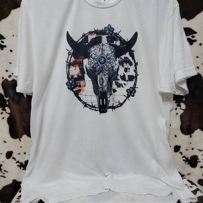 Bull Skull Cow Print Western Graphic T-Shirt