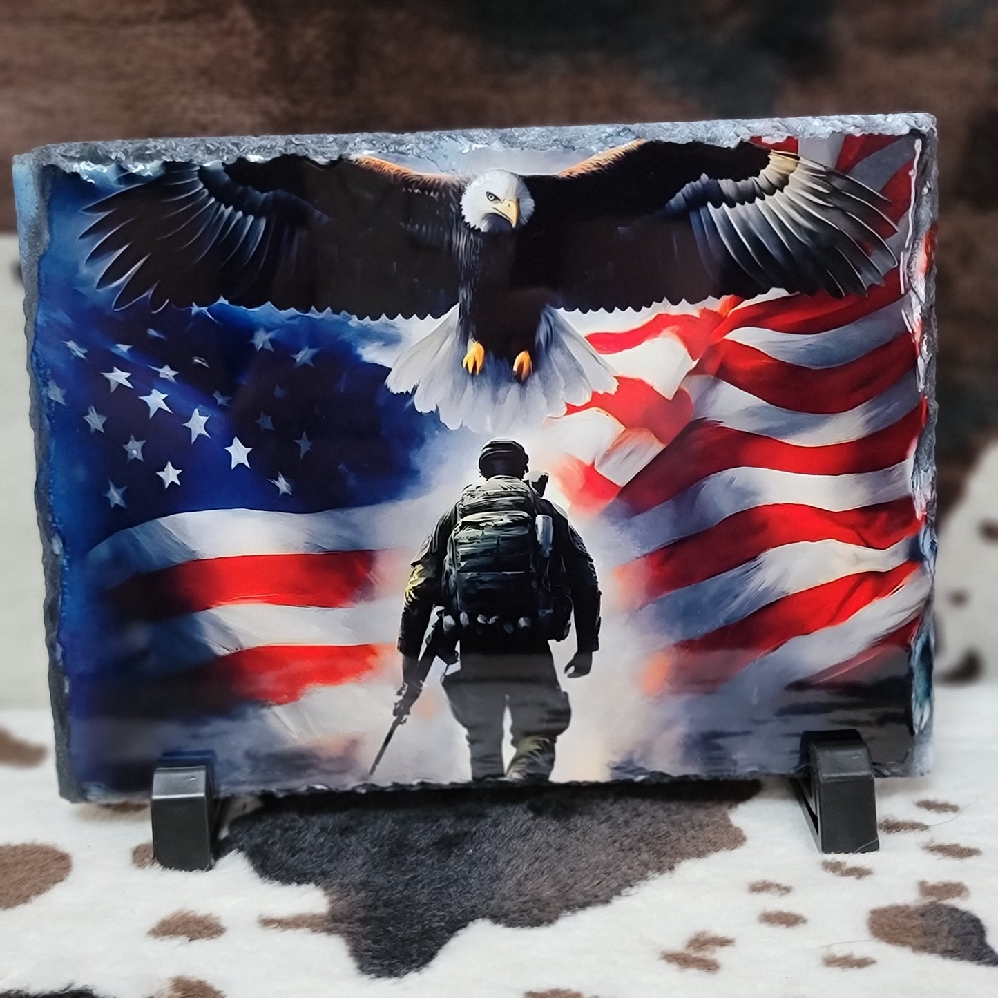 American Flag Eagle Cross Photo Rock Slate
