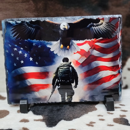 American Flag Eagle Cross Photo Rock Slate