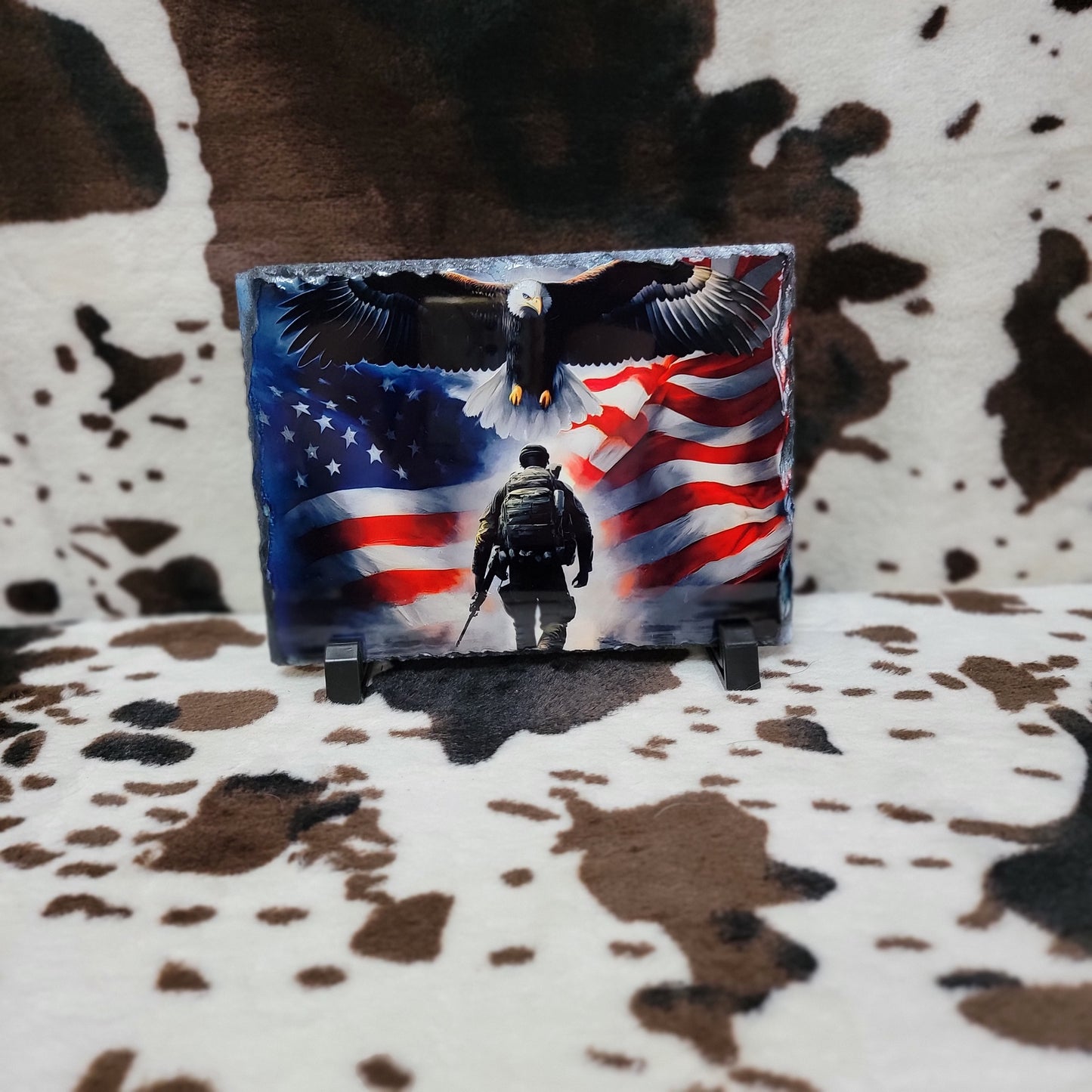 American Flag Eagle Cross Photo Rock Slate