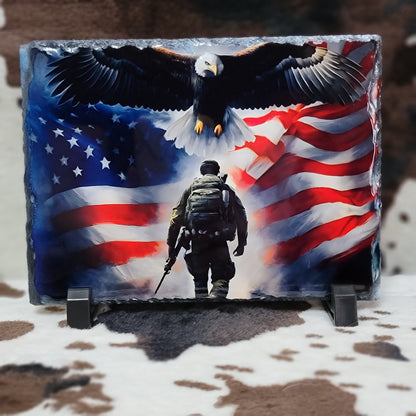 American Flag Eagle Cross Photo Rock Slate