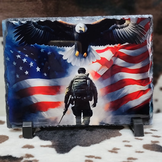 American Flag Eagle Cross Photo Rock Slate