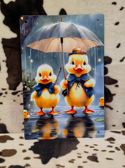 Ducks In The Rain Metal Sign