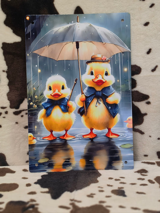 Ducks In The Rain Metal Sign