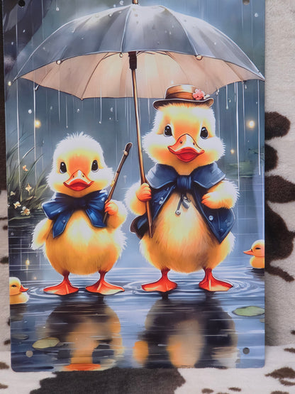 Ducks In The Rain Metal Sign