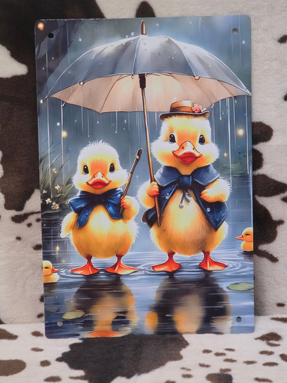 Ducks In The Rain Metal Sign