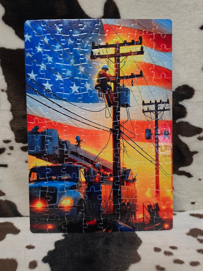 Lineman Usa American Flag 120 Piece Handmade Jigsaw Puzzle