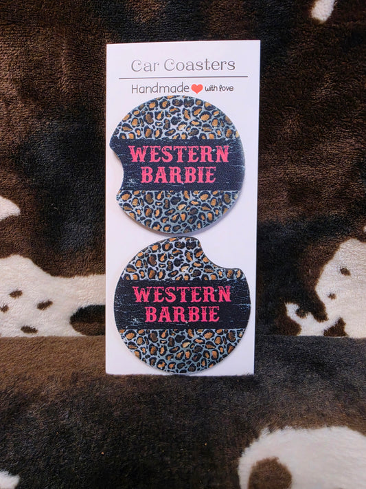 Western Barbie Leopard Print Neoprene Car Coasters