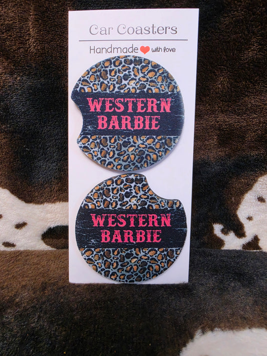 Western Barbie Leopard Print Neoprene Car Coasters