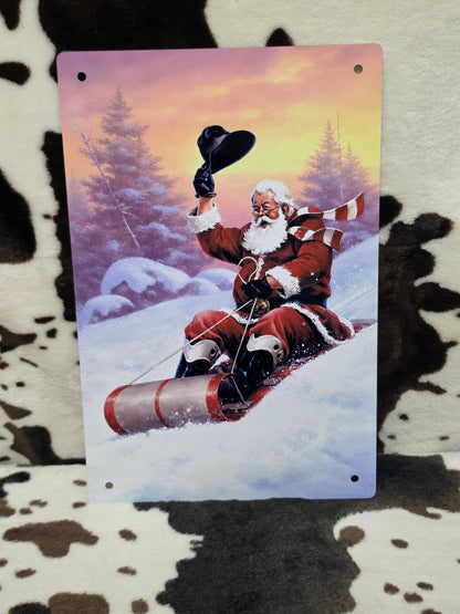 Christmas Sledding Santa Metal Sign