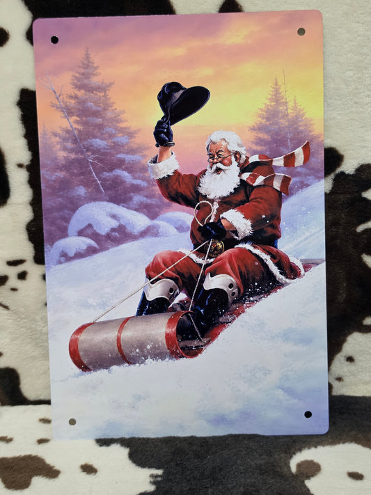 Christmas Sledding Santa Metal Sign
