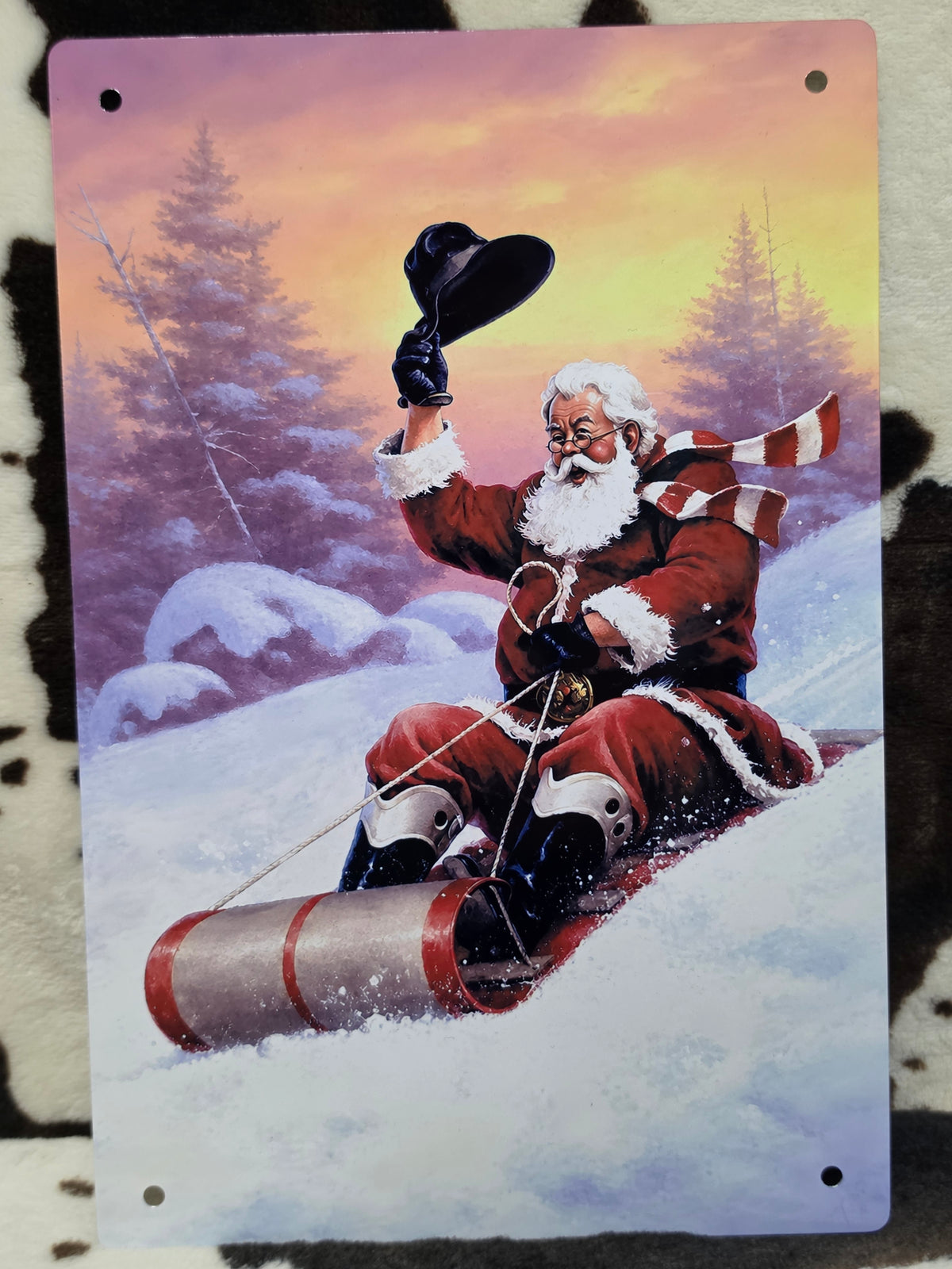 Christmas Sledding Santa Metal Sign