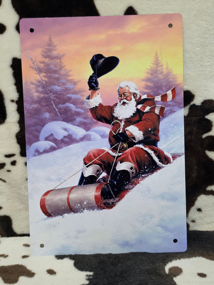 Christmas Sledding Santa Metal Sign