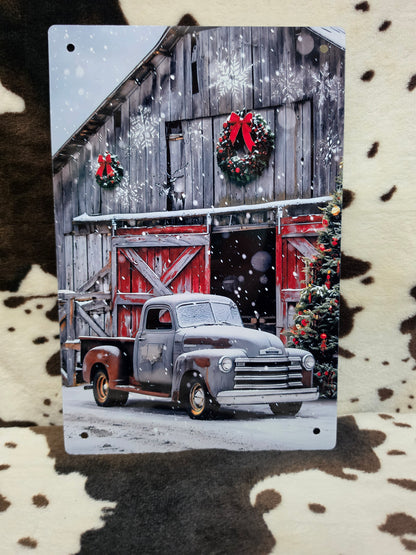 Christmas Old Truck Barn Metal Sign