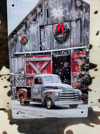 Christmas Old Truck Barn Metal Sign
