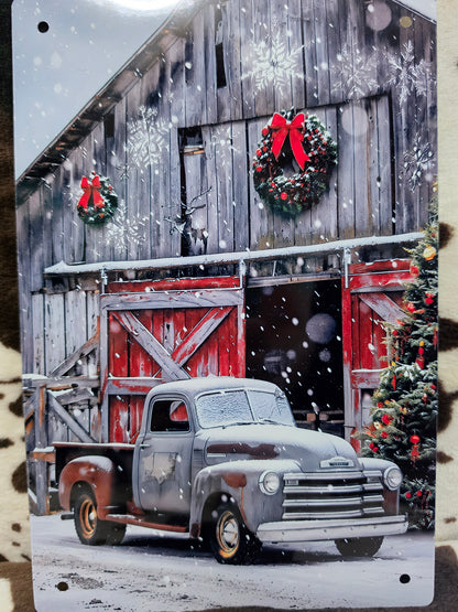 Christmas Old Truck Barn Metal Sign